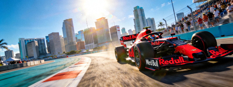 F1迈阿密大奖赛中，红牛车队赛车在赛道上飞驰，背景是迈阿密城市天际线