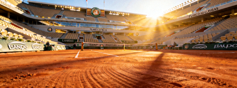 法国网球公开赛罗兰加洛斯中心球场的红土场地，阳光洒在球场上